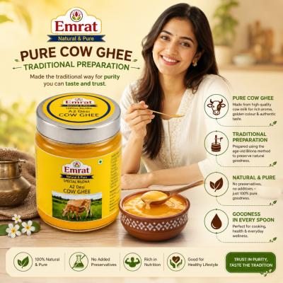 Emrat Natural & Pure A2 Desi Cow Ghee | Traditional Bilona Method | Rich Aroma & Golden Colour | Pure Cow Ghee for Cooking, Pooja & Daily Nutrition  1000ml